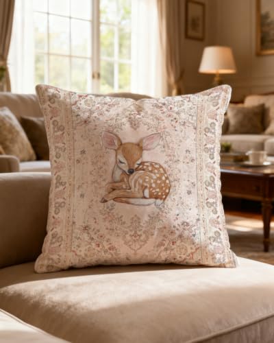 Sleeping Fawn Pillow Cover 18x18, Pink Woodland Floral Nursery Decor