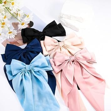 Jumbo Satin Bow Hair Clip with Long Tails, Light Blue French Barrette