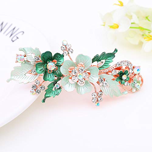 Green Rhinestone Butterfly Flower Hair Barrette Large Crystal Clip