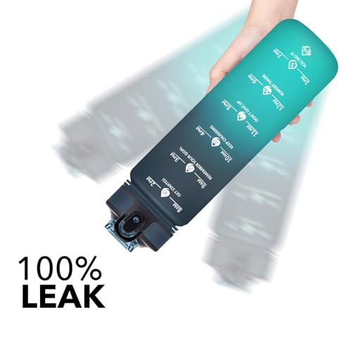 Hyeta 32oz Motivational Water Bottle with Straw - Navy Blue-Green Ombré