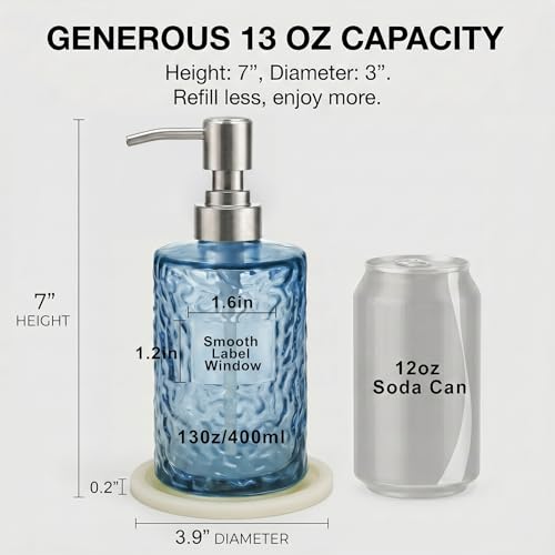 Hutalecho Blue Glass Soap Dispenser 13oz Refillable Bathroom & Kitchen Decor