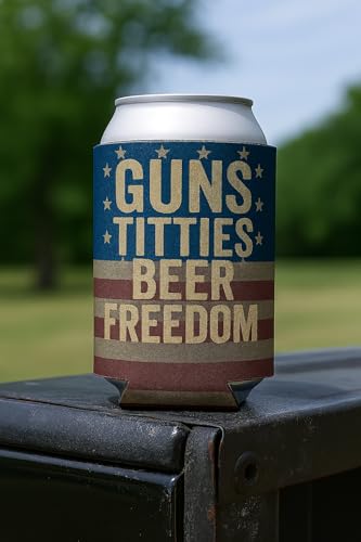 Funny Patriotic Can Cooler Sleeve - Guns Titties Beer Freedom - Regular Size
