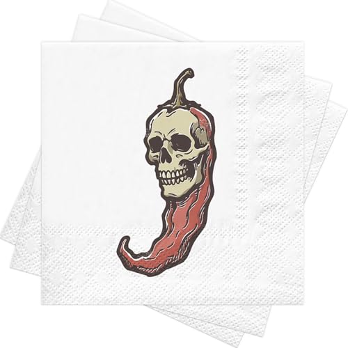 RUSPEPA 25 Pcs Skull Chili Pepper Cocktail Napkins - 3 Ply, 5x5 Inch
