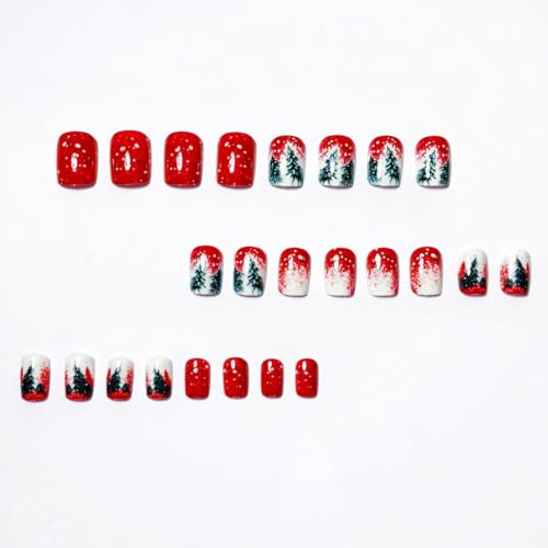 Christmas Press on Nails Short Square Red White Gradient Fake Nails 24 Pcs