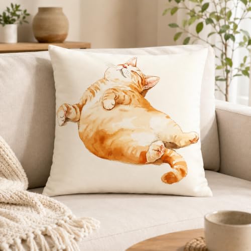 Chubby Orange Tabby Cat Pillow Cover 18x18 Inch - Soft Decor