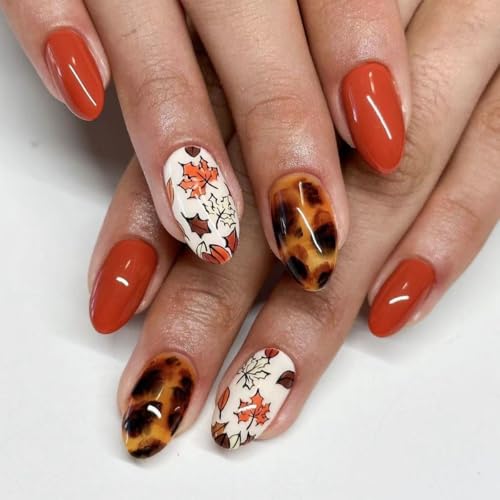 Fall Short Press on Nails Oval Orange Maple Leaf Acrylic False Nails