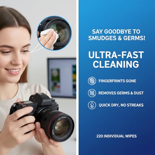 Lens Cleaning Wipes - 220 Count Individually Wrapped for Glasses & Lenses
