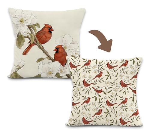 Vintage Cardinal Bird Floral Throw Pillow Cover 18x18 - Bird-2