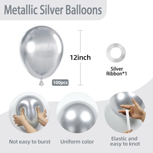 Silver Metallic Balloons 12 Inch - 100 Pack for Party Decorations - Variation: Silver