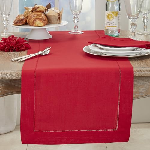 Hemstitch Table Runner - Textured Fabric, Red, 16x45 inches - Elegant Dining Decor