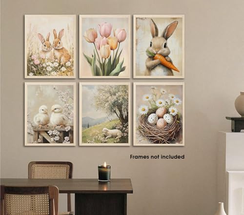 Easter Wall Art Set - 6 Vintage Canvas Prints, 8x10 Inch