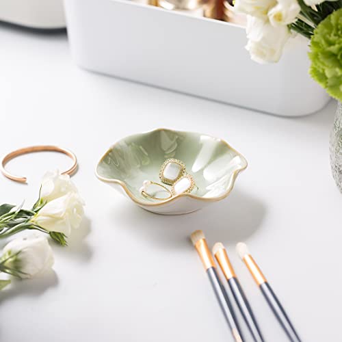 Mecaikru 4-Inch Ceramic Ring Dish - White Green Kiln Glazed Trinket Tray