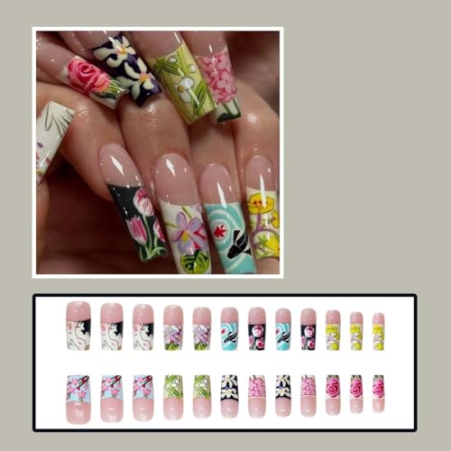 French Tip Long Square Press on Nails with Spring Flower Design