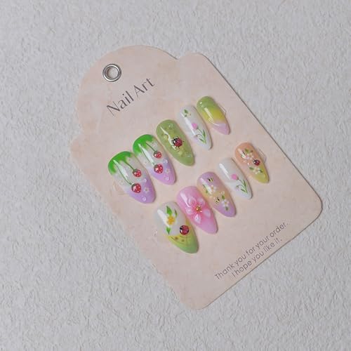 GUAACCB 24Pcs Floral Almond Press On Nails Cute Strawberry Fake Nails