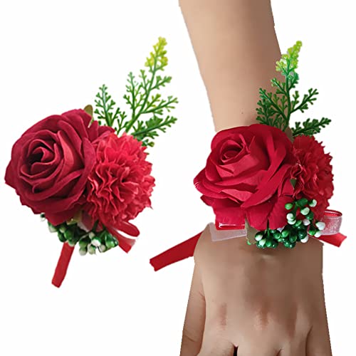 Red Corsage and Boutonniere Set for Weddings - 2 Pack