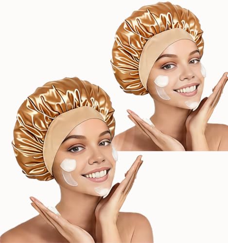 2-Piece Silk Satin Hair Bonnet for Sleeping and Shower Cap Set (Gold)