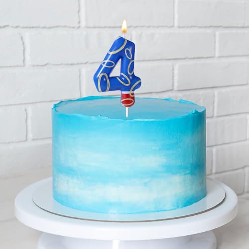 Blue Number 4 Birthday Candle with Gold Ring Print - Party Decor