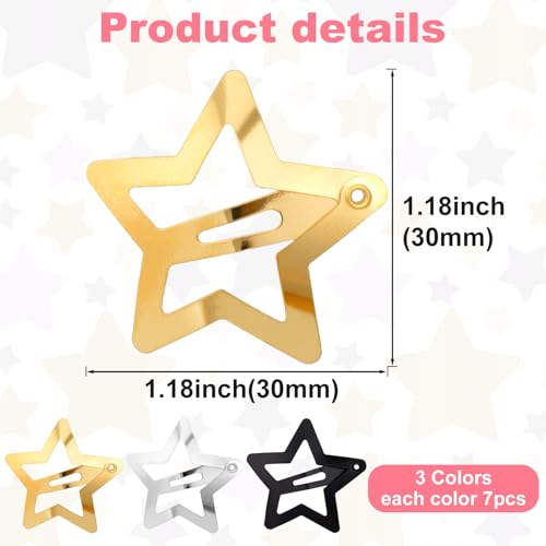 Star Hair Clips 21 Pcs 1.18 Inch Metal Snap Hair Barrettes Non-Slip Cute