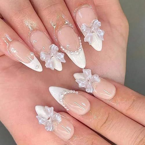 Press On Nails Medium Almond French Tip with 3D White Bow and Rhinestones