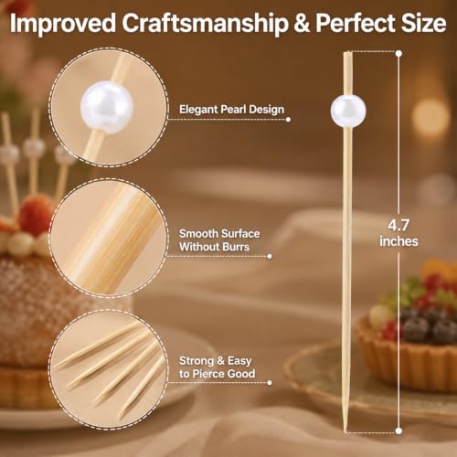200 Pack 4.7 Inch White Pearl Bamboo Cocktail Picks for Appetizers