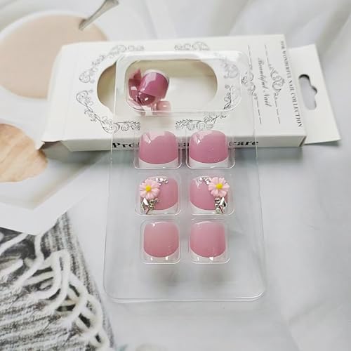 Teilihai White French Press on Toenails with 3D Daisy Charm Rhinestones