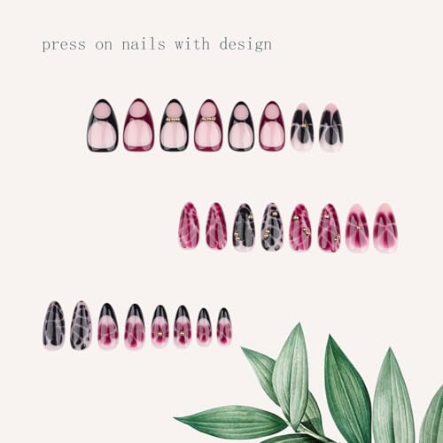 KTAABTR Short Press on Nails Almond Floral Leopard Fake Nails Set 24 Pcs