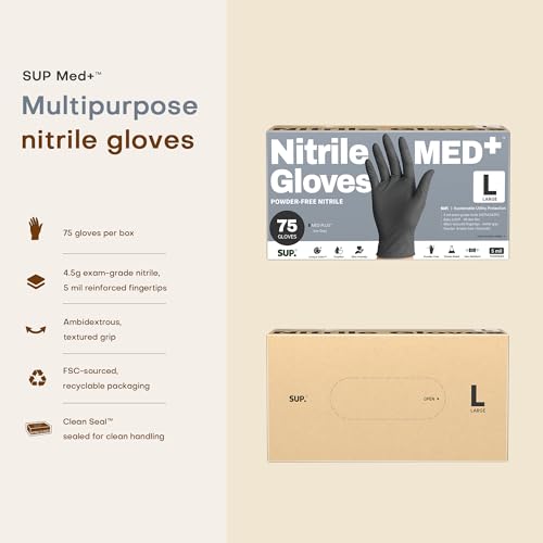 SUP MED+ Black Nitrile Exam Gloves - 5 Mil Disposable, Latex-Free
