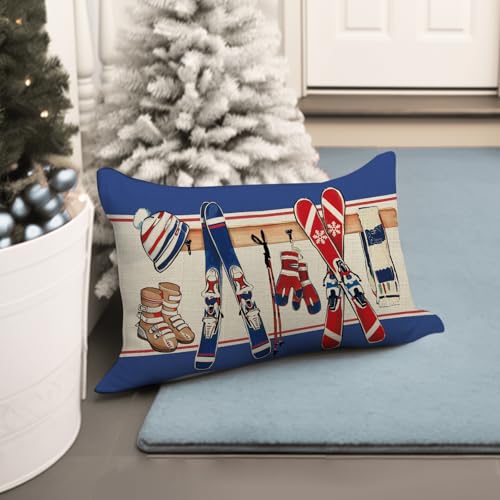 Winter Skiing Decorative Throw Pillow Cover - 12x20 Cotton Linen