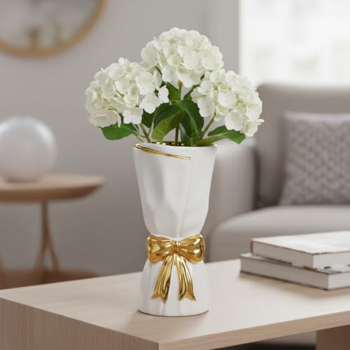 10 Inch White Bow Vase - Modern Ceramic Flower Vase for Home Decor