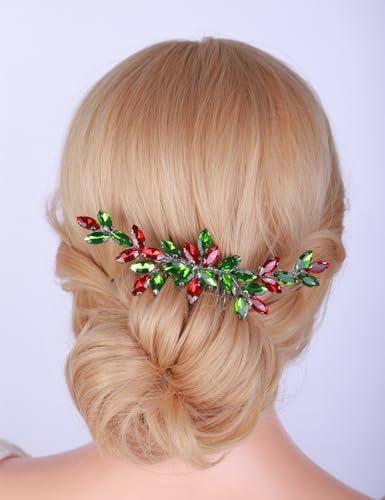 Teyglen Gold Crystal Wedding Hair Comb Red and Green Rhinestone Headpiece