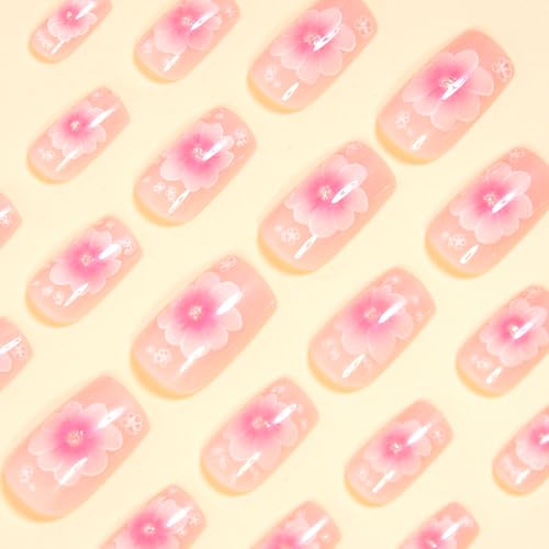 Pink Floral Press on Nails Medium Square Glossy Fake Nails 24Pcs