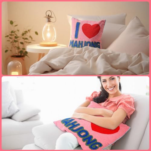 Pink Mahjong Style Throw Pillow - Towel Embroidered, 17.7''