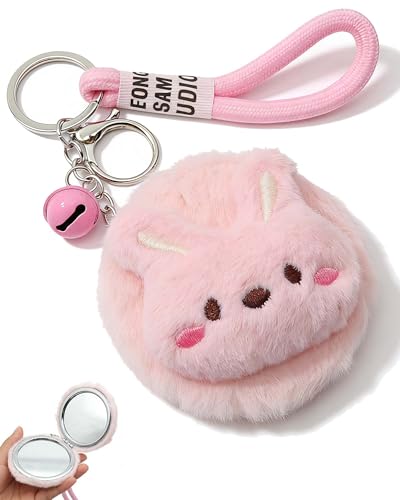 Pink Bunny Plush Makeup Mirror Keychain with Lanyard - Portable Mini