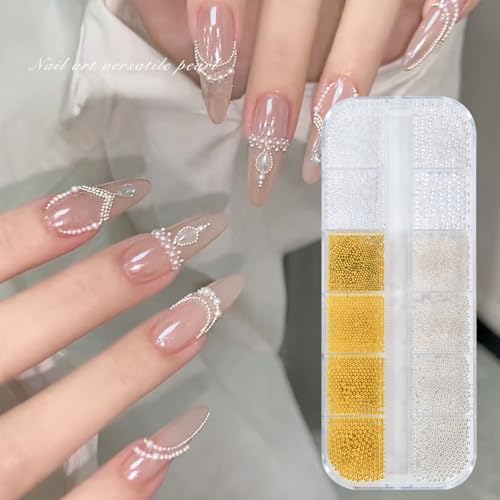 MOLILON 12-Grid Nail Art Charms Set with Pearls, Metal Beads, Tweezers & Pen