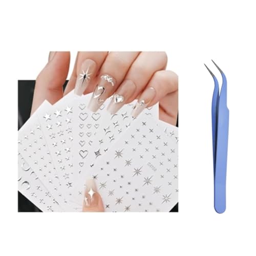 Star Nail Art Stickers 6 Sheets with Tweezer 3D Self-Adhesive Decals
