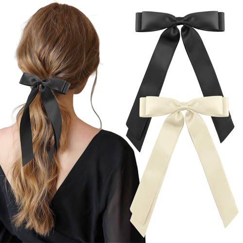 Silky Satin Bow Double Ribbon Hair Clips 2-Pack Beige Black