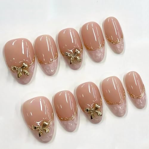 Short Almond French Tip Press On Nails with Gold Line & 3D Bow 30Pcs