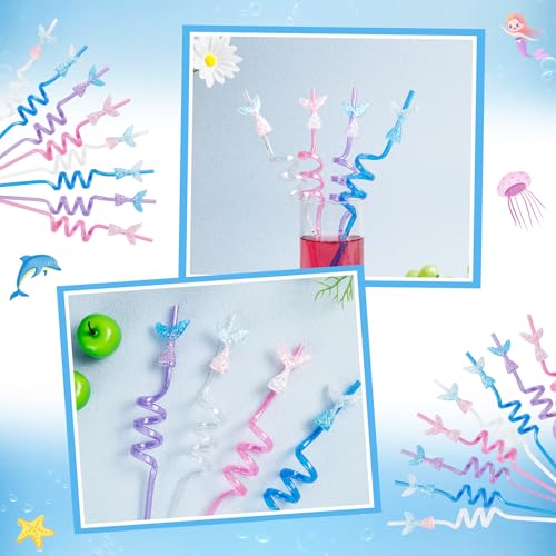 ZXOPM 12pcs Glitter Mermaid Drinking Straws with Mermaid Tail & Bow Charm - Party Favors for Mermaid Birthday
