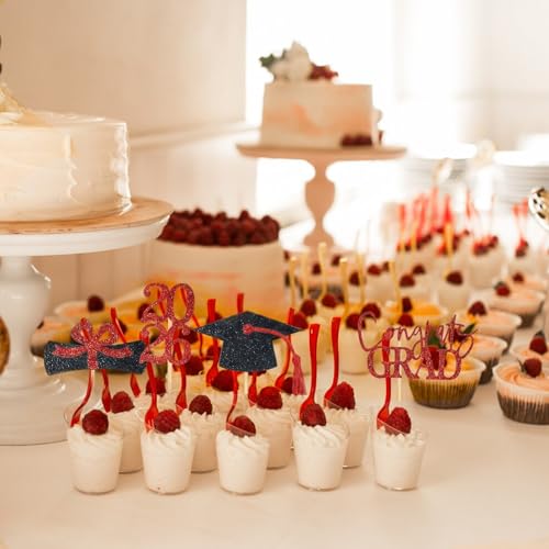 36 Pcs 2026 Graduation Cupcake Toppers Glitter Red And Black Party Picks