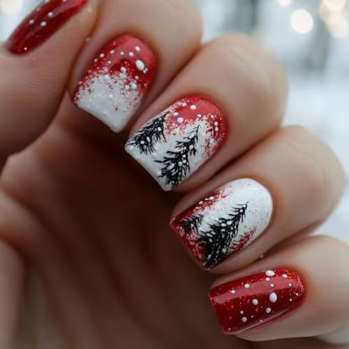 Christmas Press on Nails Short Square Red White Gradient Fake Nails 24 Pcs