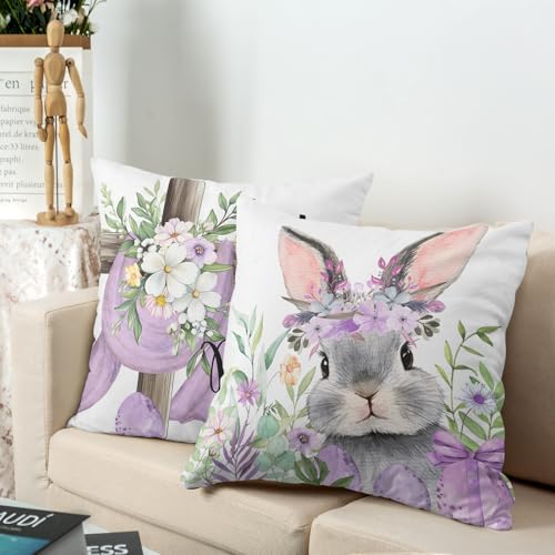 Easter Throw Pillow Covers - 2 Pack Floral Cross & Bunny 18x18