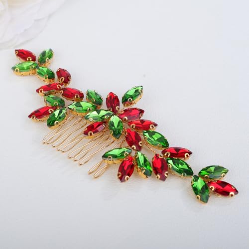 Teyglen Gold Crystal Wedding Hair Comb Red and Green Rhinestone Headpiece