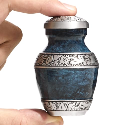 Elegant Mini Keepsake Urn for Ashes - Hand Engraved Blue Aluminum