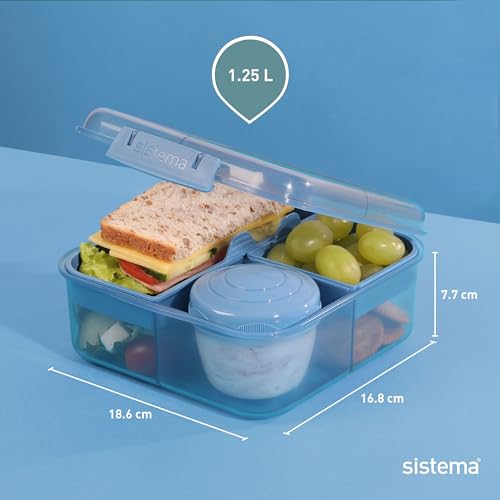 Sistema Ocean Bound Plastic Bento Box | Lunch Box with Yoghurt/Fruit Pot | 1.25 L Square | BPA-Free Made Using Recycled Plastic | Assorted Colours (Varies by Pack)