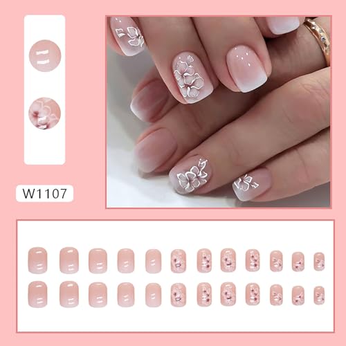 LYLYNB Ombre French Press on Nails Cute Flower Design Short Square Fake Nails