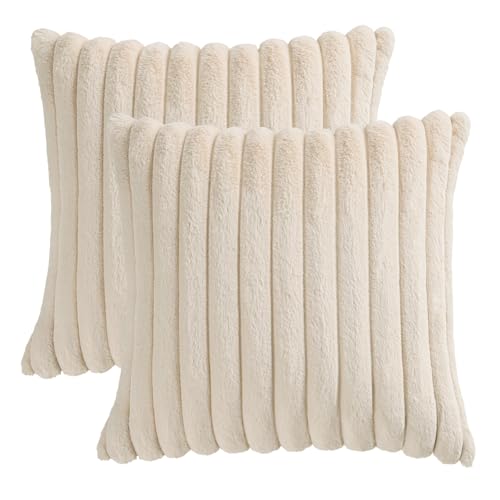 Volcanics Set of 2 Beige Faux Fur Throw Pillow Covers 18x18