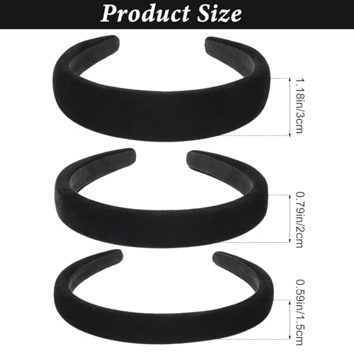 3 Pack Black Velvet Headbands for Women Padded Thick Hair Bands Non-Slip