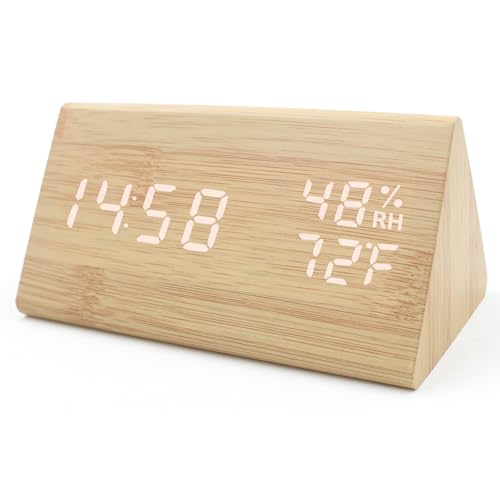 KESHIDE Bamboo Digital Alarm Clock, LED Electric Desk Clock with Dimmer