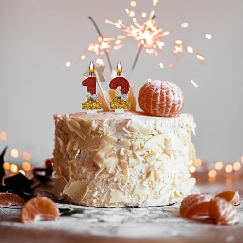 12th Birthday Candles Set - Smokeless Red & Gold Glitter Cake Toppers