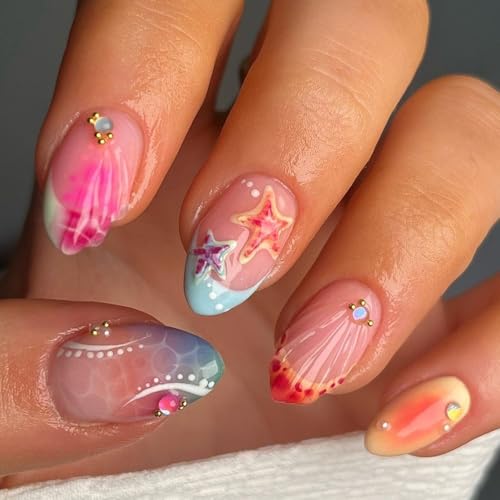 Pink Press on Nails Short Almond Fake Nails with Gold Beads 24Pcs